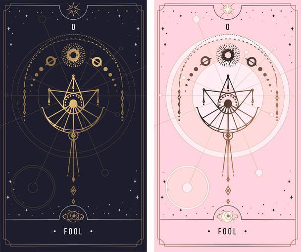 MAJOR ARCANA. Minor Arcana secret card, black with gold and silver card, pink with gold, illustration with mystical symbols. - Wektor, obraz