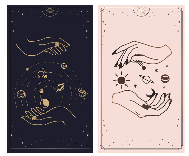 Kosmos-Tarotkarten werden von den Händen Gottes erschaffen. Die Hände sind in einem einfachen flachen esoterischen Boho-Stil gesetzt. esoterische Sammlung von Logos mit verschiedenen Symbolen wie einem planetarischen kosmischen Stern, goldenen und rosa und rosa Karten - Vektor, Bild