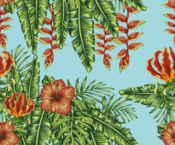 Tropical vibrant patterns, palm leaves and exotic flowers on a bright background. Ornamental garden plants. Green summer tropical background with exotic palm leaves and hibiscus flowers. - Wektor, obraz
