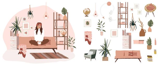 Minimal modern bohemian style interior home decoration. Illustration of furniture, Plants, wall art decor setting. - Vettoriali, immagini