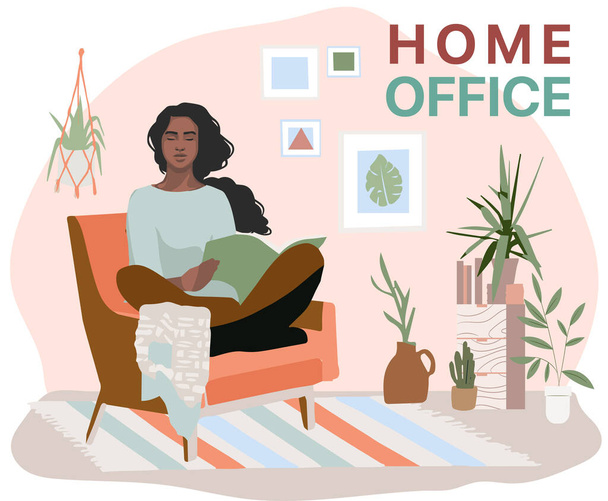 Girl working at home while Coronavirus disease, home office concept, vector illustration - Vektör, Görsel