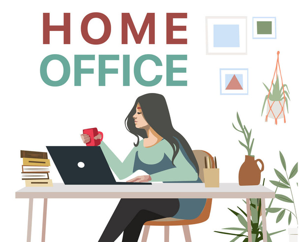 Girl working at home while Coronavirus disease, home office concept, vector illustration - Vektori, kuva