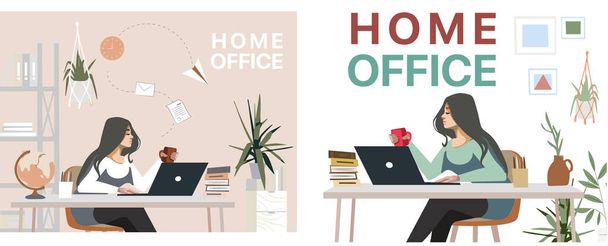 Girl working at home while Coronavirus disease, home office concept, vector illustration - Вектор, зображення