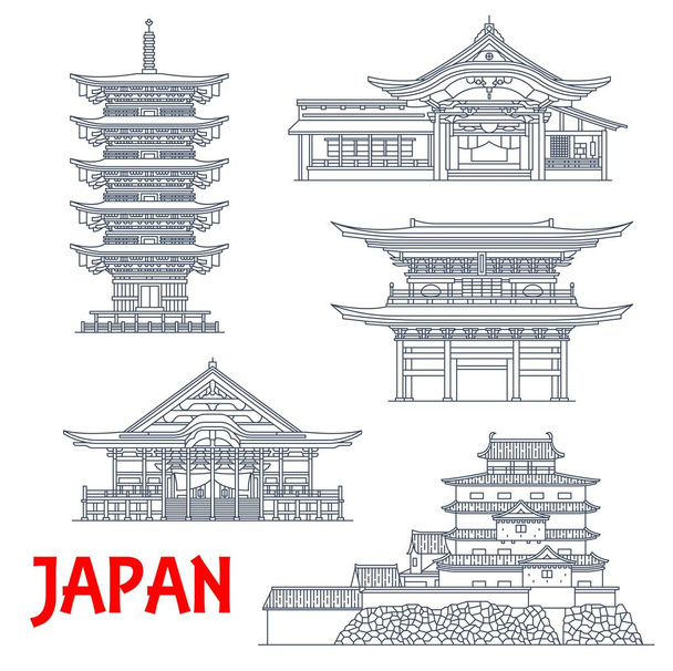 Japonya tapınakları, Kamakura ve Yamagata 'daki Japon pagoda binaları, vektör simgeleri. Engakuji Zen ve Dainichibo Tapınağı, Torinji Shinto Tapınağı, Dewa Sanzan tapınağı ve Kanegasaki Tsuruga Kalesi - Vektör, Görsel