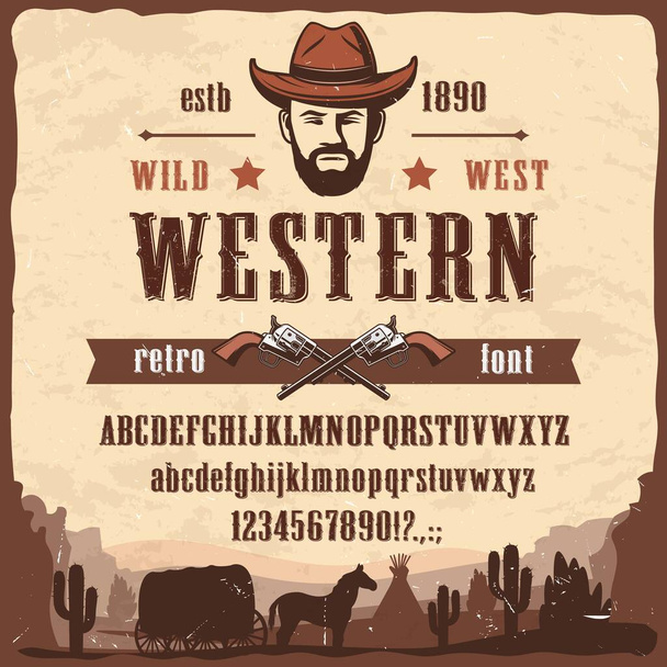 Western font type Wild West style vector letters and numbers. Wester font letters, numbers and symbols, Wild West cowboy or sheriff pistols, stagecoach with horse and Arizona dessert cactus - Vector, Image