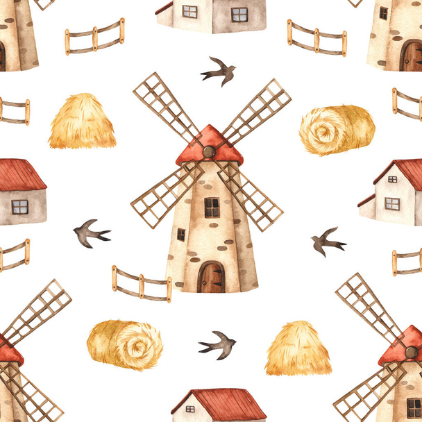 Mill, house, haystack, fence, swallows on a white background. Watercolor seamless pattern - Foto, Bild