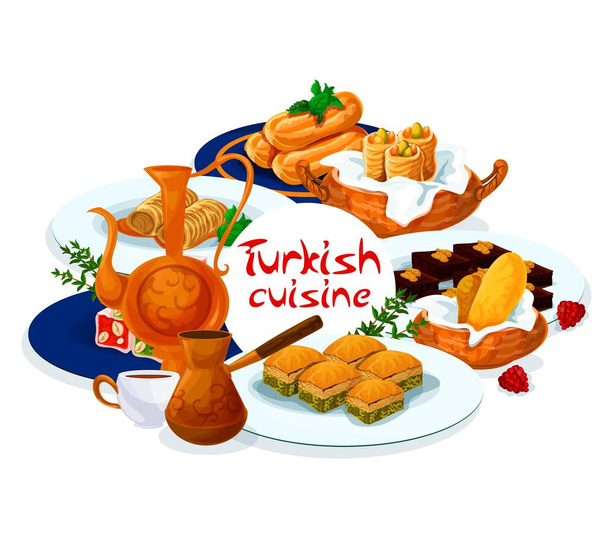 Török konyha étel menü, baklava és élvezet lokum, Törökország keleti desszertek és édes tészta. Török tea, kávé és édesipari menü, pisztácia baklava, borek szivara és tavuk gogsu puding - Vektor, kép
