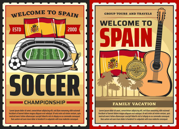 Spain travel posters, Spanish culture, Barcelona and Madrid vector landmarks. Welcome to Spain, vacations and tourism sightseeing tours, soccer or football championship and flamenco guitar music - Vector, Image