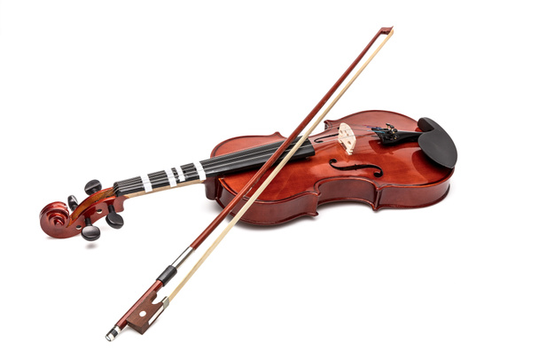 Realistic wooden violin with a fiddle stick on white background. The musical instrument of Sherlock Holmes. Vector image for postcards, design and your business. - 写真・画像