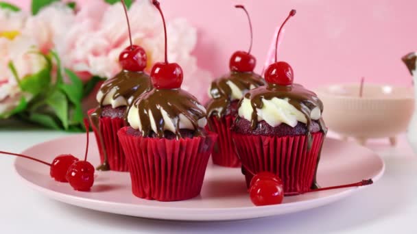 Vörös bársony sütemények csokoládé szósszal és cseresznyével. - Felvétel, videó