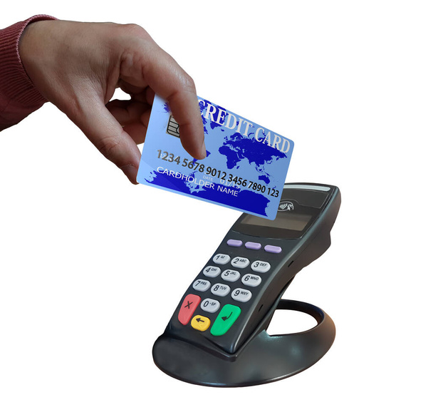 pos συσκευή πιστωτική κάρτα δολάρια χέρι σημείο πώλησης απομονωμένο φόντο bussinness - Φωτογραφία, εικόνα