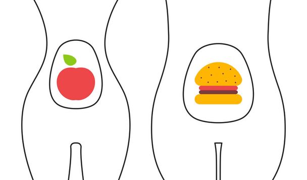 Υγιή και πρόχειρο απεικόνιση των τροφίμων, συγκρίνοντας δύο γυναικεία σώματα λεπτό και λίπος - Διάνυσμα, εικόνα