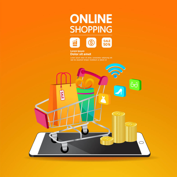 Αγορές on-line στην ιστοσελίδα ή Mobile Εφαρμογή διανυσματική απεικόνιση. - Διάνυσμα, εικόνα