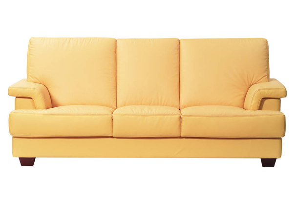 Sofá de cuero beige amarillo aislado sobre fondo blanco
 - Foto, Imagen