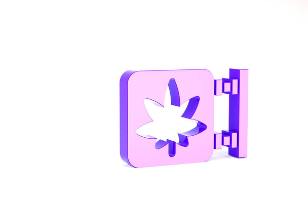 Фиолетовый марихуаны и конопли иконка магазина изолированы на белом фоне. Оборудование и аксессуары для курения, хранения медицинской конопли. Концепция минимализма. 3D-рендеринг
 - Фото, изображение