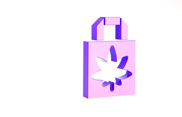 Lila Einkaufspapiertasche mit medizinischem Marihuana oder Cannabisblättern isoliert auf weißem Hintergrund. Cannabis kaufen. Hanf-Symbol. Minimalismus-Konzept. 3D Illustration 3D Renderer - Foto, Bild