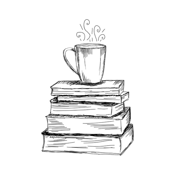 Ilustración dibujada a mano de libros y taza de café en estilo de boceto
.  - Vector, imagen