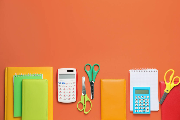 School supplies on color background - Photo, Image