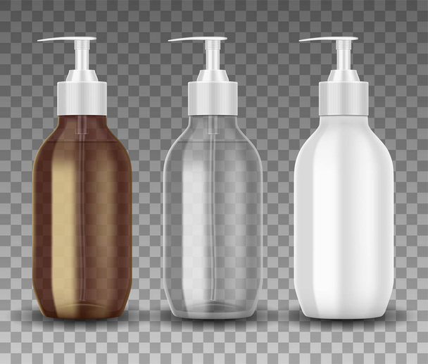Bottiglia di vetro e plastica realistica con pompa dispenser. Modello di bottiglia trasparente con gel liquido, sapone, lozione, shampoo, crema isolata. - Vettoriali, immagini