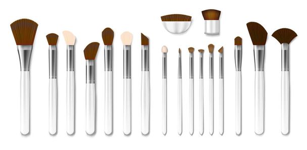 Set de cepillos profesionales de maquillaje blanco aislados. Blush realista en polvo, sombra de ojos, pincel o frente. Ilustración vectorial 3d
 - Vector, imagen
