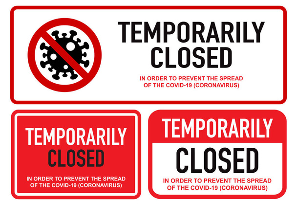 Büro vorübergehend geschlossen Zeichen von Coronavirus Nachrichten. Warnschilder über Quarantäne-Maßnahmen auf öffentlichen Plätzen. Beschränkung und Vorsicht COVID-19. Vektor für Web, Print, Banner, Flyer - Vektor, Bild