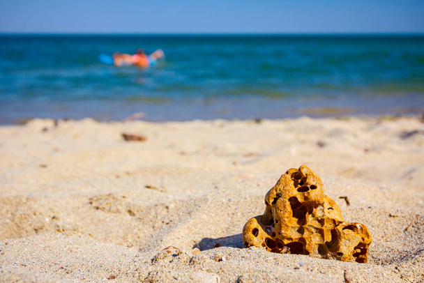 Rocher creux est placé sur la plage de sable avec la mer au loin. - Photo, image