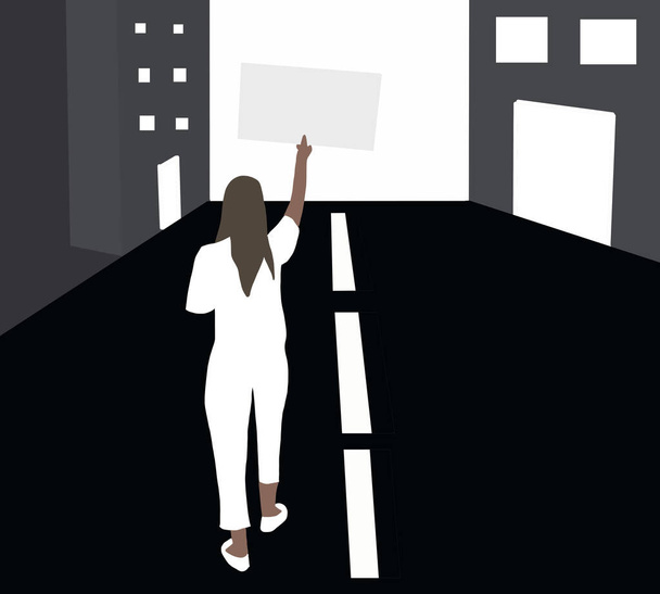 Czarna kobieta ze znakami, chorągwiami i plakatami na demonstracji protestacyjnej lub pikiecie.Ludzie przeciwko przemocy, zanieczyszczeniu środowiska, dyskryminacji, łamaniu praw człowieka chodzący po ulicy.Black Lives Matter. - Zdjęcie, obraz