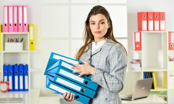 Every detail must be perfect. busy office worker. formal fashion style. stylish woman work at workplace. girl follow dress code. businesswoman with laptop. elegant woman with document folder - Фото, изображение