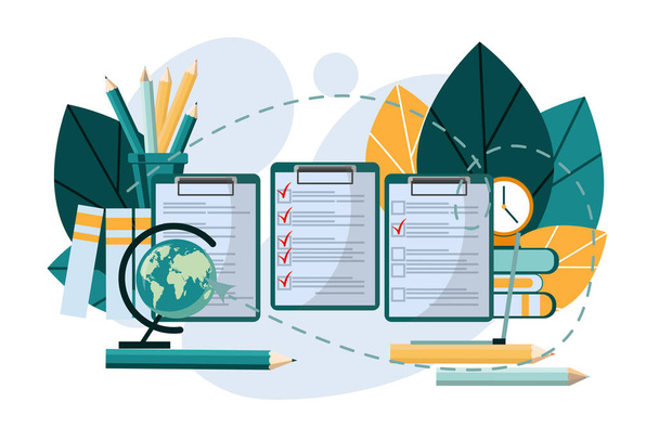 Checklist concept. Clock, globe, pencils, folders and books. Successful completion of business tasks. - Vector, Image