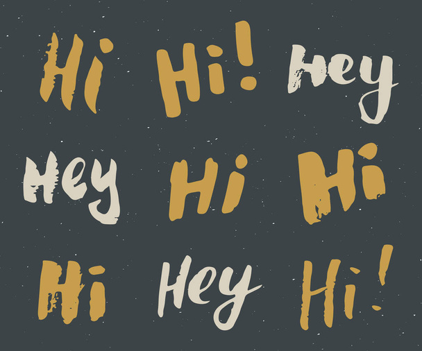 Hey and hi signs lettering set. Hand drawn greeting words, grunge textured retro badge, Vintage label, typography design print, vector illustration. - Διάνυσμα, εικόνα