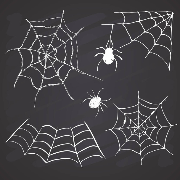 Spider web set Hand drawn sketched web vector illustration on chalkboard background. - Vettoriali, immagini