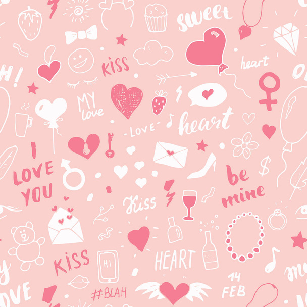 Love and Valentine Day seamless pattern vector illustration. Hand drawn sketched doodle romantic symbols background. - Вектор,изображение