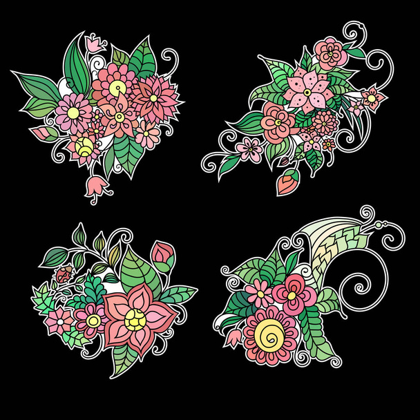 Zentangle inspired floral coloring book ornament with flowers and leaves on black - Vektor, kép