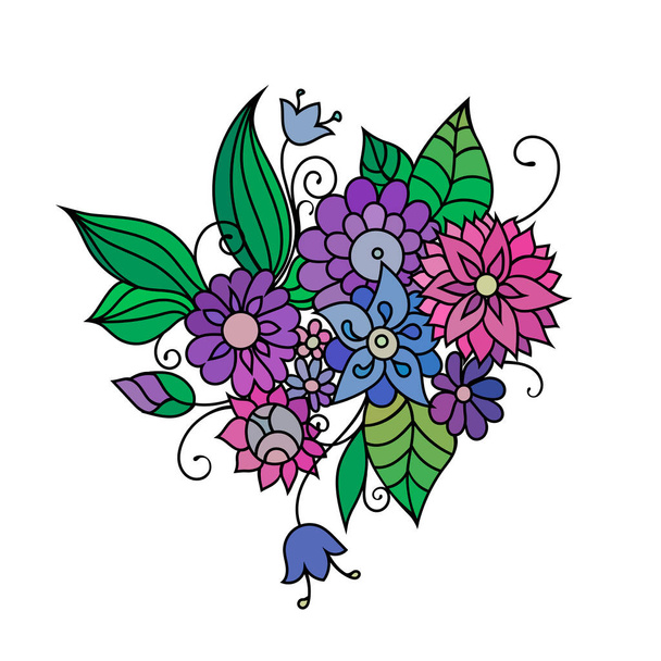 Zentangle inspired floral coloring book ornament with flowers and leaves on white - ベクター画像
