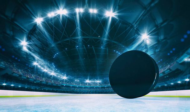 Buz hokeyi sahasında hokey diski ve tribünde seyircilerin olduğu muhteşem bir buz hokeyi sahası. Profesyonel dünya sporu 3D illüstrasyon arka planı. - Fotoğraf, Görsel