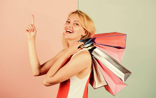 Shopping happiness. present packages for holiday preparation. summer discount. special offer on black friday. shop closeout. happy woman shopper. big sale. female shopaholic hold shopping bags - Foto, afbeelding