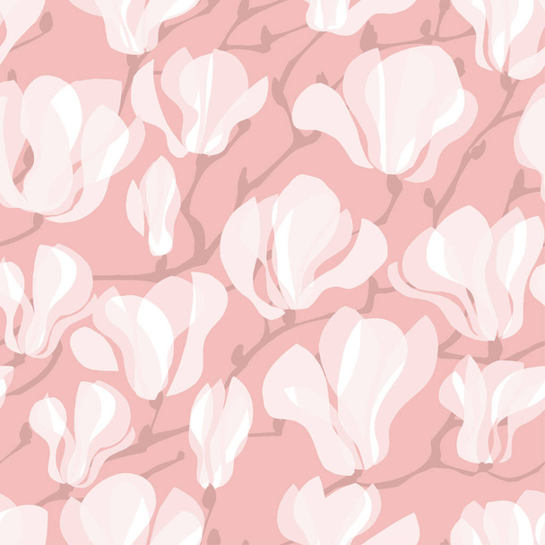 White tender magnolia flowers blossom seamless pattern for background, fabric, textile, wrap, surface, web and print design. Spring floral bloom vector tile rapport.  - Vecteur, image