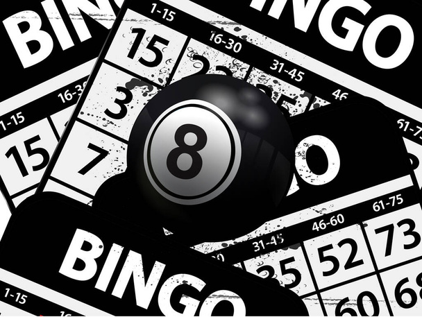 3D ilustrace čísla 8 Black Bingo míč s odrazy světla přes černé a bílé karty Bingo pozadí s Grunge efekty - Vektor, obrázek