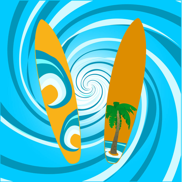 海の波と青と白の抽象的な渦巻きの背景に熱帯のヤシの木が飾られたサーフボード - ベクター画像