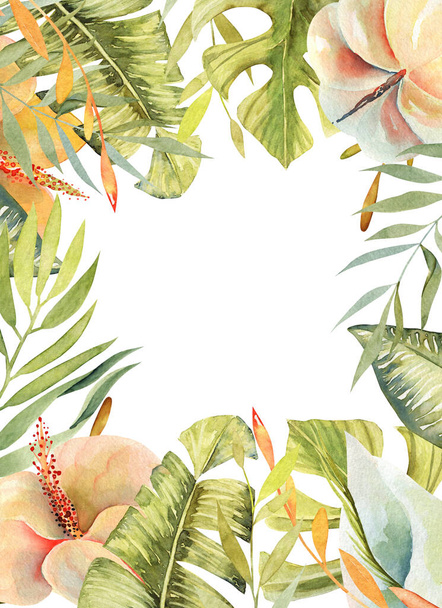 緑葉植物植物園紅葉 エキゾチックな熱帯のハワイアンの夏 水彩画背景イラスト セット 水彩描画のファッション Aquarelle 分離します フレーム枠飾りスクエア ロイヤリティフリー写真 画像素材