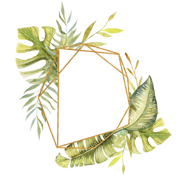 Golden geometric frame of watercolor tropical green plants and leaves, hand painted isolated illustration on a white background - Foto, afbeelding