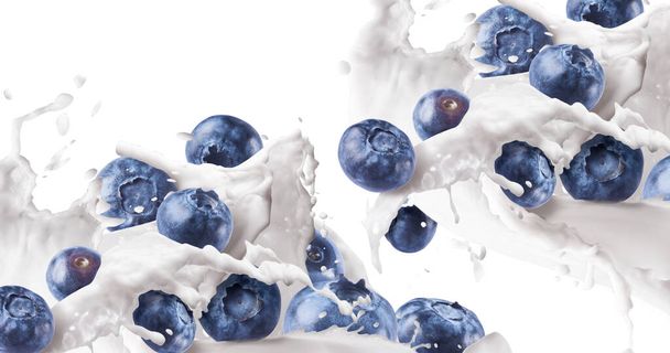 Frische Blaubeeren fallen isoliert auf weißem Hintergrund in Milch oder Joghurt. Spritzige Milch oder Joghurt, köstliche Flüssigkeit und Beeren mit leeren Raum für Design-Anwendungen - Foto, Bild