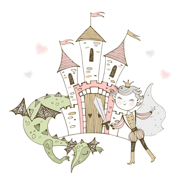 A fairy-tale castle with a Prince and a dragon. Vector. - Vector, Image