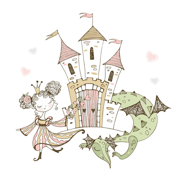 Cute little Princess and fairy-tale dragon. Vector - Vector, Image