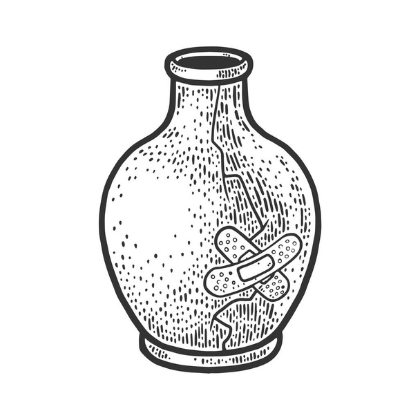 broken vase repaired by medical plaster sketch engraving vector illustration. T-shirt apparel print design. Scratch board imitation. Black and white hand drawn image. - Вектор, зображення
