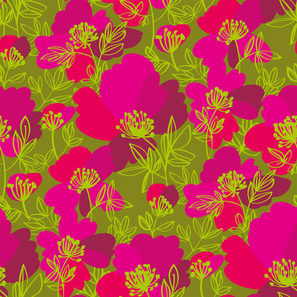 Zomer wilde weide bloemen naadloos patroon voor achtergrond, stof, textiel, wrap, oppervlak, web en print design. Decoratieve abstracte bloem silhouet rapport in groen en roze. - Vector, afbeelding