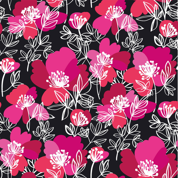 Decoratieve moderne schets pioenroos bloemen naadloos patroon voor de achtergrond, stof, textiel, wrap, oppervlak, web en print design. Abstract bloem silhouet rapport in zwart en roze. - Vector, afbeelding