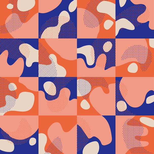 Coral vivo y cuadros azules y formas líquidas patrón sin costuras para el fondo, tela, textil, abrigo, superficie, tela y diseño de impresión. Relación de baldosas geométricas abstracta
. - Vector, imagen