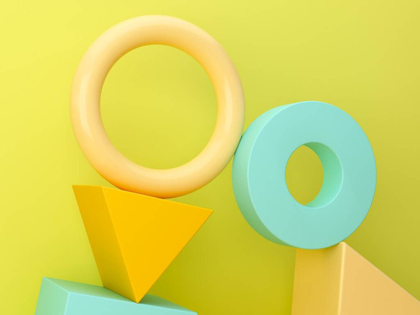 3D rendering abstract minimal scene with geometrical forms. Set of realistic figures on colorful background. Spheres, torus, tubes, tetrahedron and other shapes for abstract design composition. - Fotó, kép