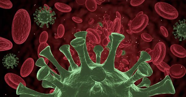 Infezione del sangue al microscopio. Virus e globuli rossi nei vasi sanguigni. Rendere 3D concetto di Coronavirus. Il concetto di microbiologia scientifica - Foto, immagini